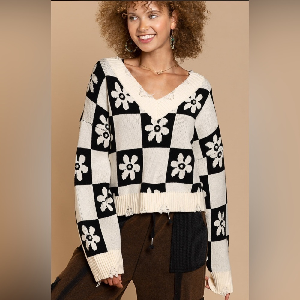Pol Floral Checkered Distressed Sweater - Sizes: S, M , L